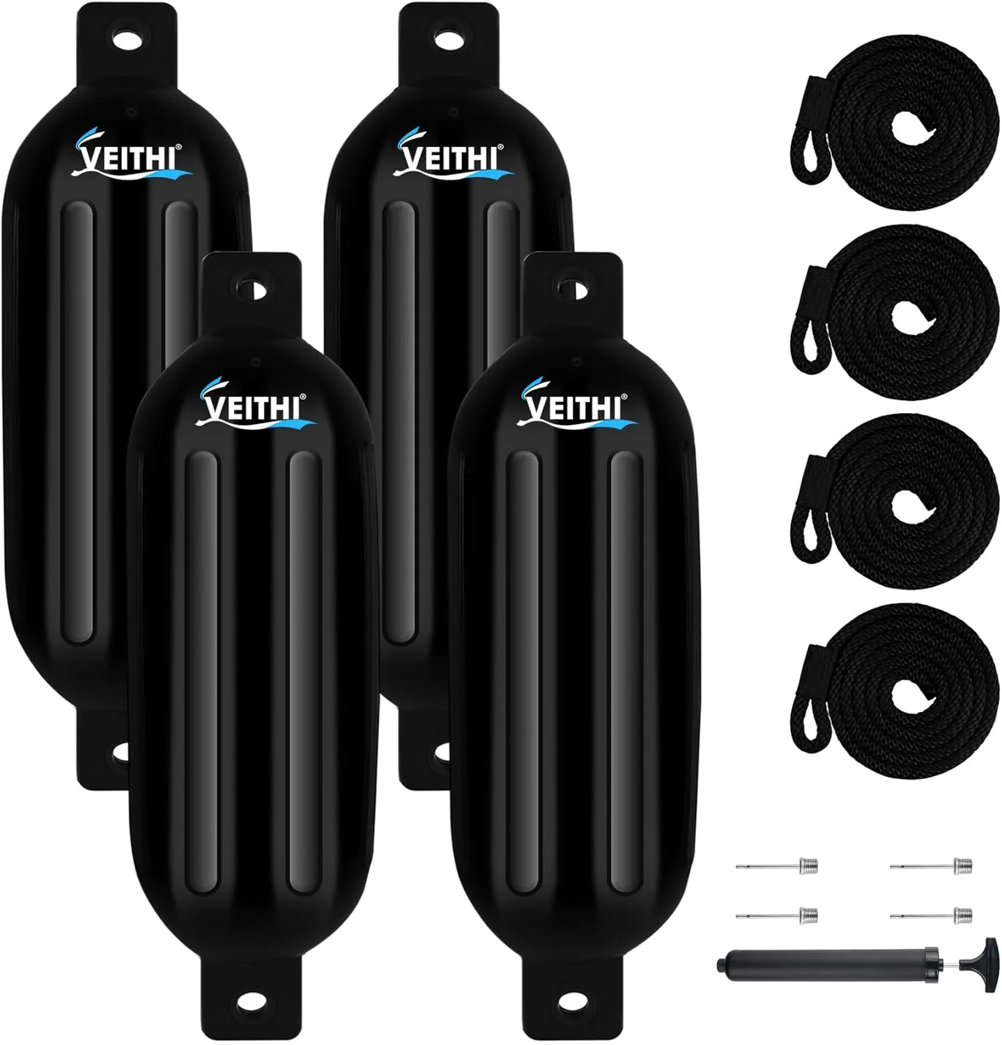 4.5/5.5/6.5/8.5/10/16 inch Boat Fenders 4 Pack,Ribbed Twin Eyes Vinyl Boat Bumpers Fenders,Boat Bumpers for Docking Come with Ropes Needles and Pump to Inflate