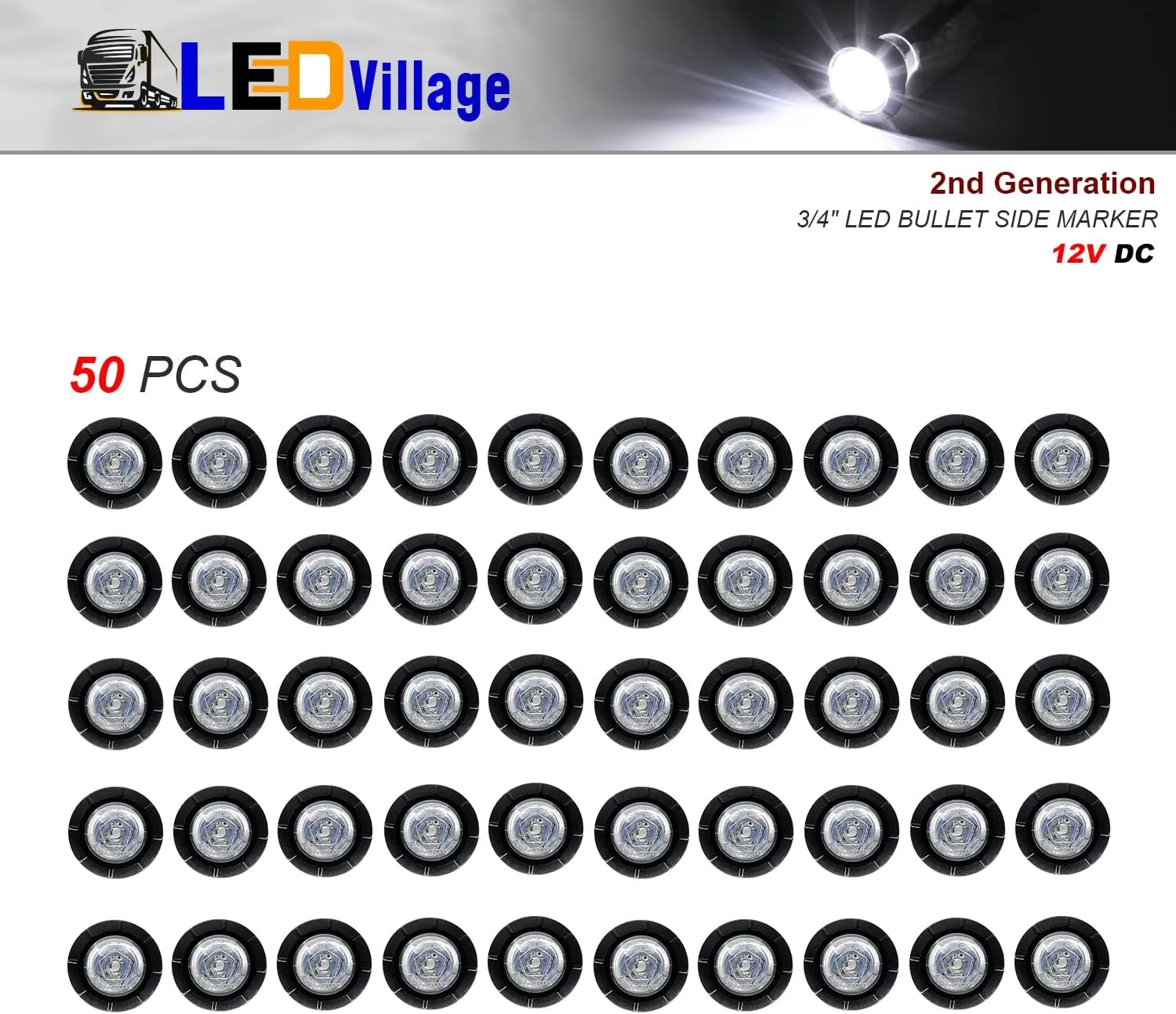 50 Pcs 2nd Generation 3/4 Inch Mount White LED Clearance Bullet Marker Lights, Side Led Marker for Truck Boat SUV ATV Bike Trailer Marine