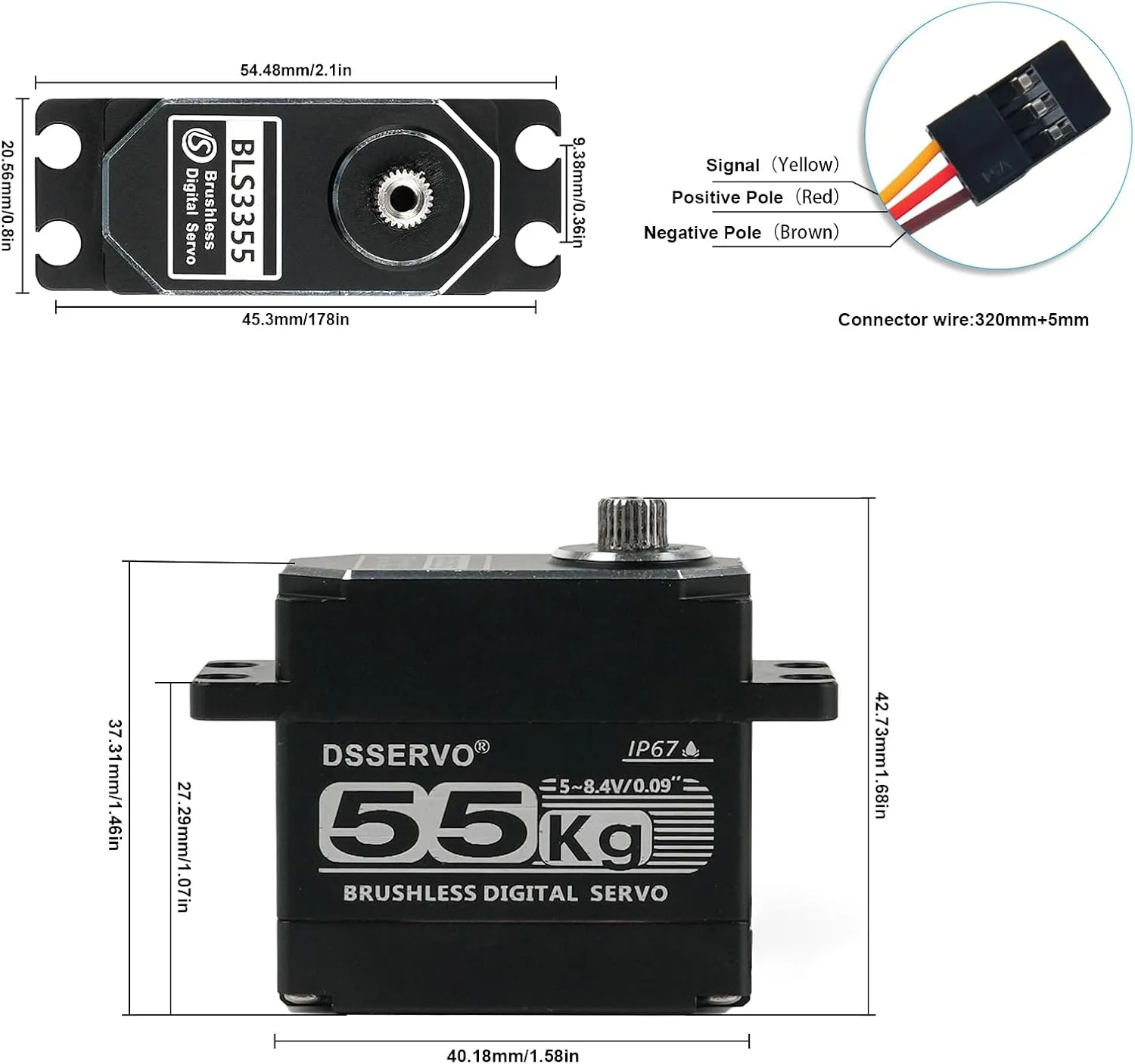 55KG Brushless Full Metal Stainless Gear,Waterproof IP67 High Torgue RC Servo, Digital Motor, 8.4V with 25T Servo Horn for Cars Robot Helicopter Crawler (55KG 270 Degree)