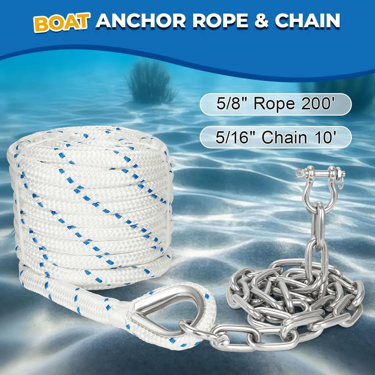 5/8" Boat Anchor Rope 200 FT with 316 Stainless Steel Anchor Chain 5/16" x 10 FT, 5/16" Bow Shackles and 5/8" Thimble, Anchor Rode for Mooring, Boats Pontoon, Deck, Fishing, Sail