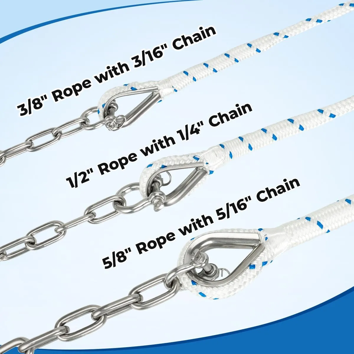 5/8" Boat Anchor Rope 200 FT with 316 Stainless Steel Anchor Chain 5/16" x 10 FT, 5/16" Bow Shackles and 5/8" Thimble, Anchor Rode for Mooring, Boats Pontoon, Deck, Fishing, Sail