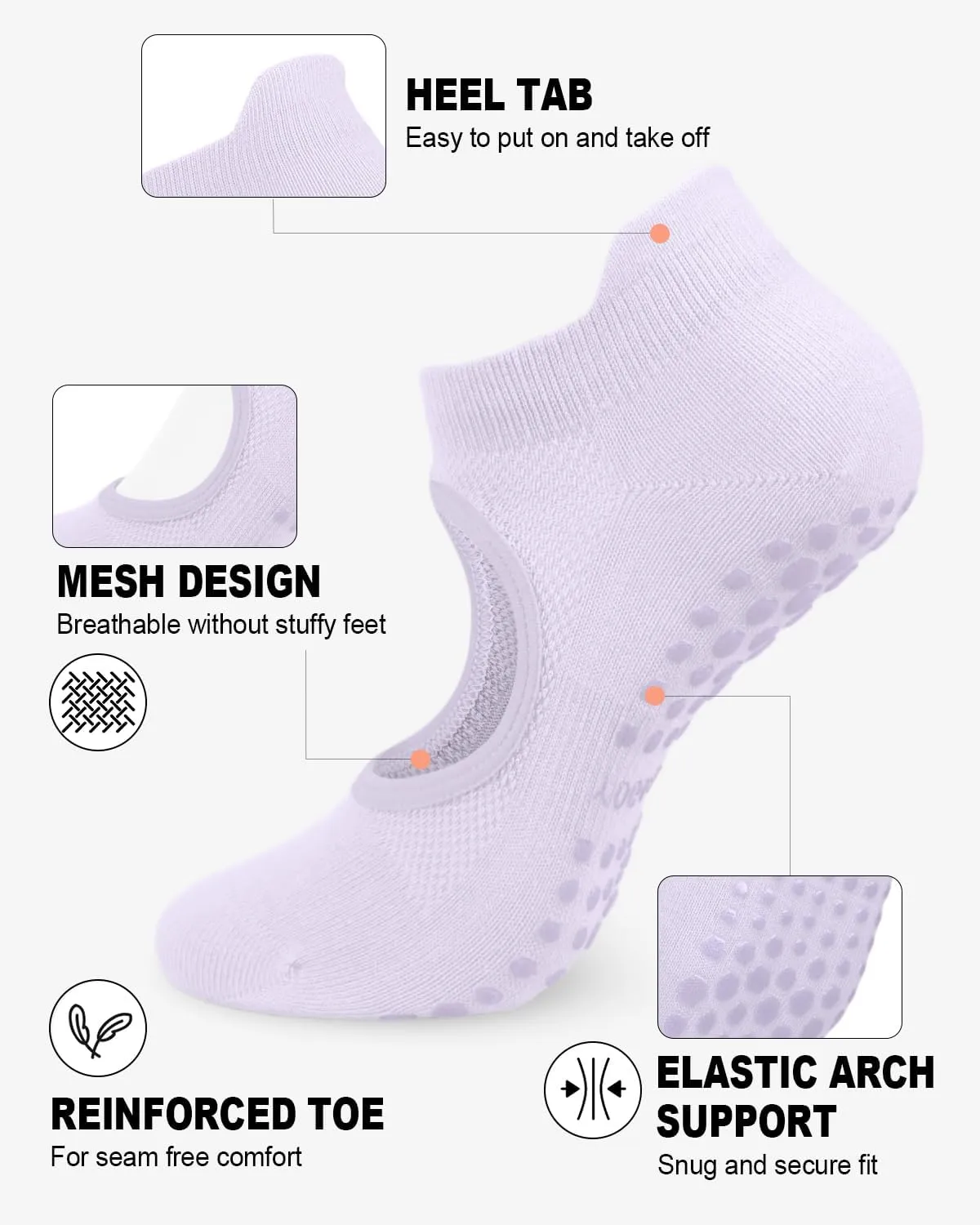 6 Pairs Grip Pilates Socks for Women, Non-slip Yoga Athletic Socks for Barre Ballet Barefoot Workout Hospital