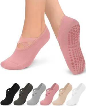 6 Pairs Grip Pilates Socks for Women, Non-slip Yoga Athletic Socks for Barre Ballet Barefoot Workout Hospital