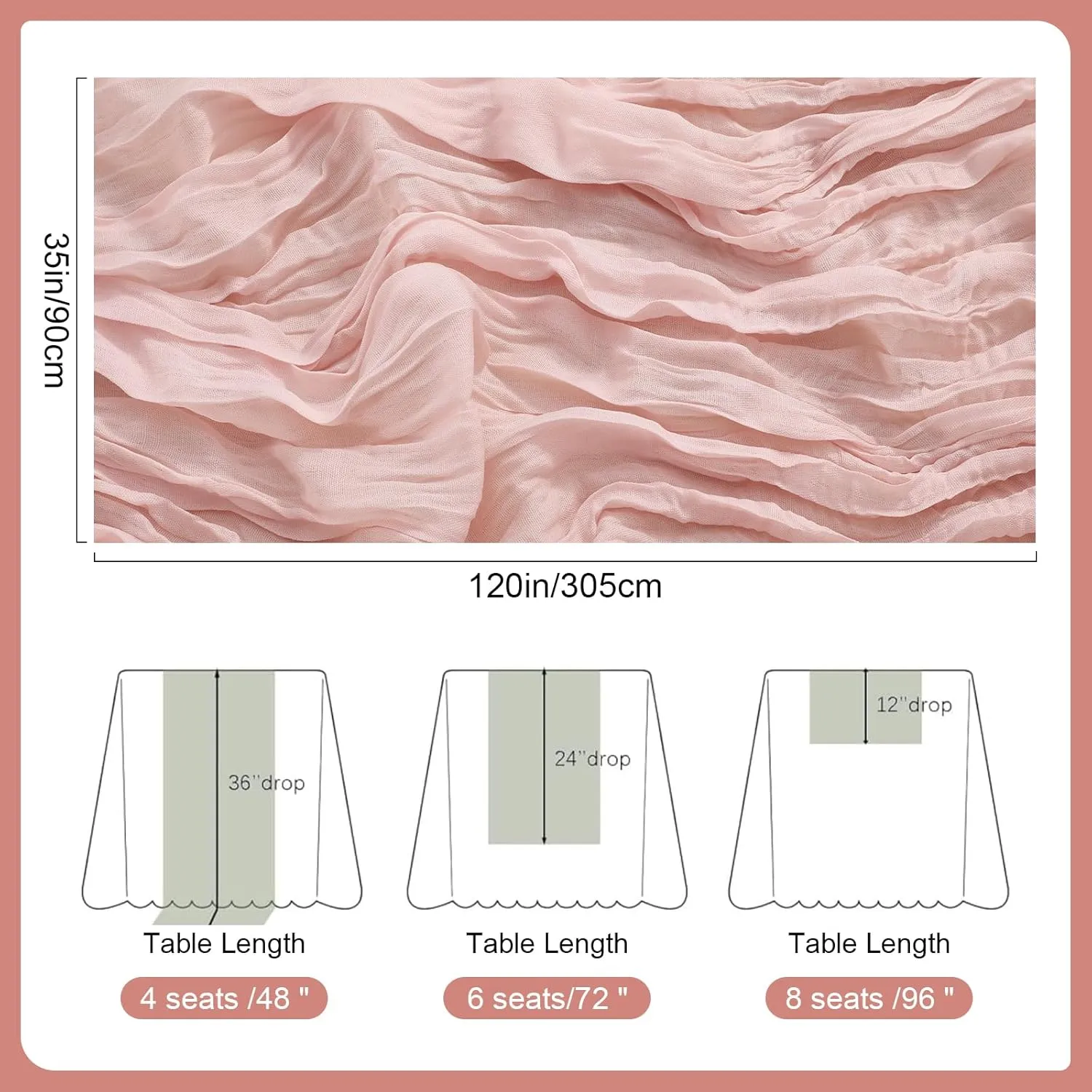 6 Pcs 10 FT Dusty Pink Cheesecloth Table Runner, 120 Inch Boho Cheese Cloth Table Runners for Bridal Shower Wedding Table Decor Baby Shower Decorations for Party