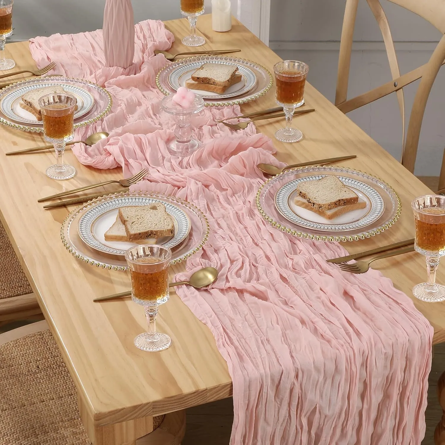 6 Pcs 10 FT Dusty Pink Cheesecloth Table Runner, 120 Inch Boho Cheese Cloth Table Runners for Bridal Shower Wedding Table Decor Baby Shower Decorations for Party