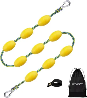 60FT Floating Boat Tow Rope for Tubing, Fits 1-6 Person Towable Tubes, Heavy-Duty Boat Tube Rope with 9pcs Yellow Floats and Stainless Steel Hook for Watersports (Blue & Yellow)