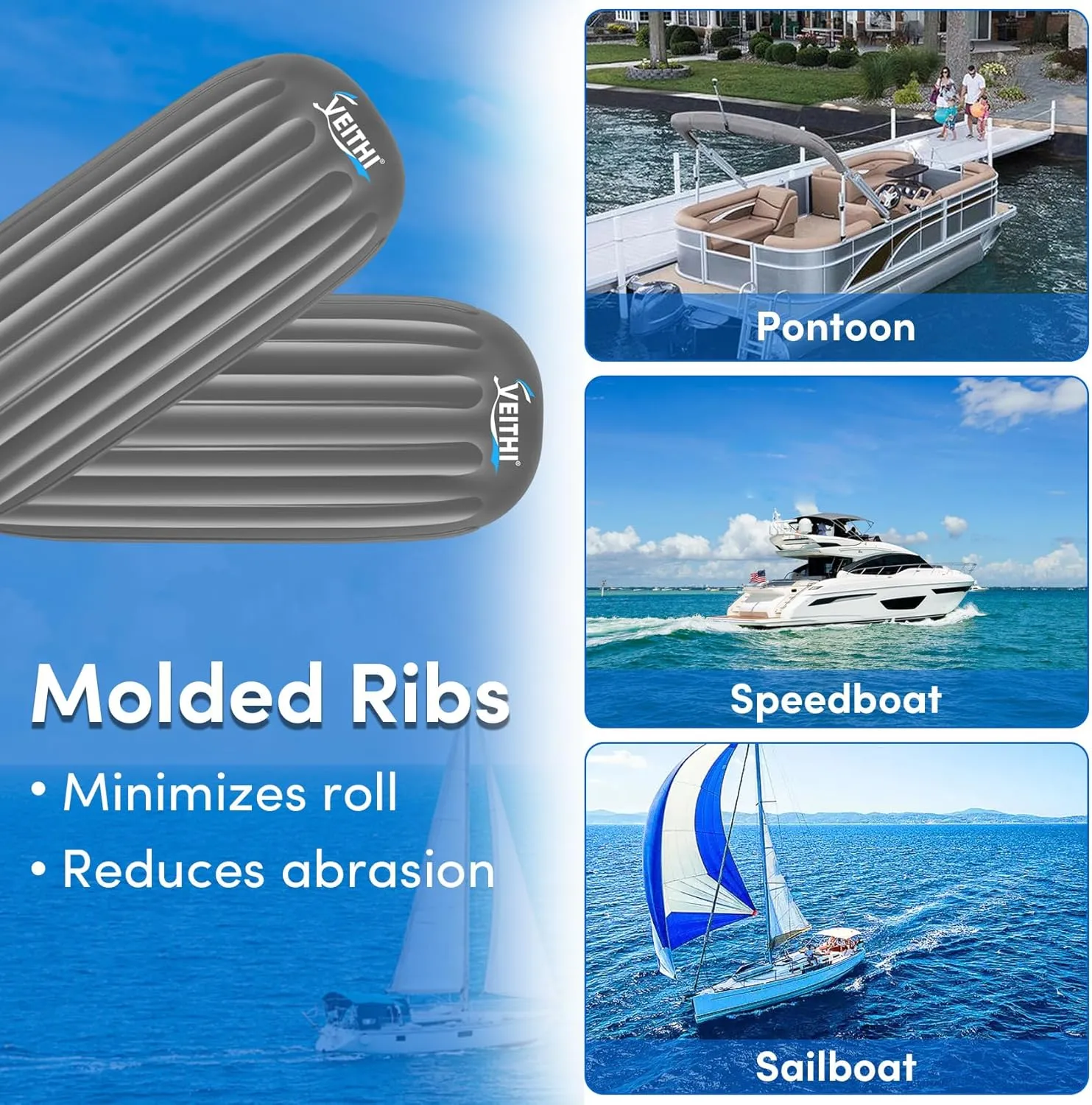 6/8/10 inch Boat Fenders 4 Pack, Hole Through Middle Vinyl Boat Bumpers Fenders, Boat Bumpers for Docking Come with Ropes Needles and Pump, Inflatable Ribbed Boat Dock Bumpers for Pontoon Yacht