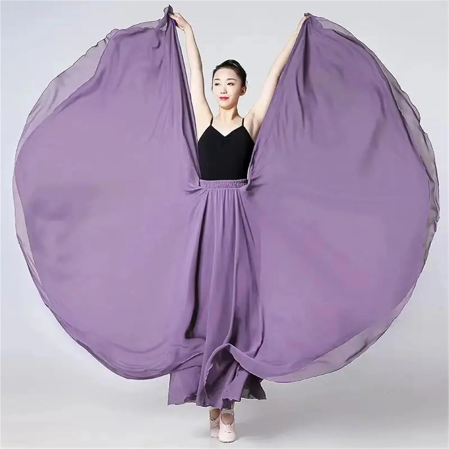 720 Degree Chiffon Skirt Ballet Belly Dance Women Double-Layer Long Skirts Dancer Practice Wear Performance(Color-T,S Length 85cm)
