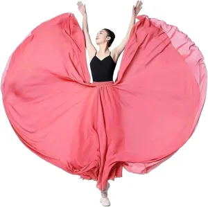 720 Degree Chiffon Skirt Ballet Belly Dance Women Double-Layer Long Skirts Dancer Practice Wear Performance(Color-T,S Length 85cm)
