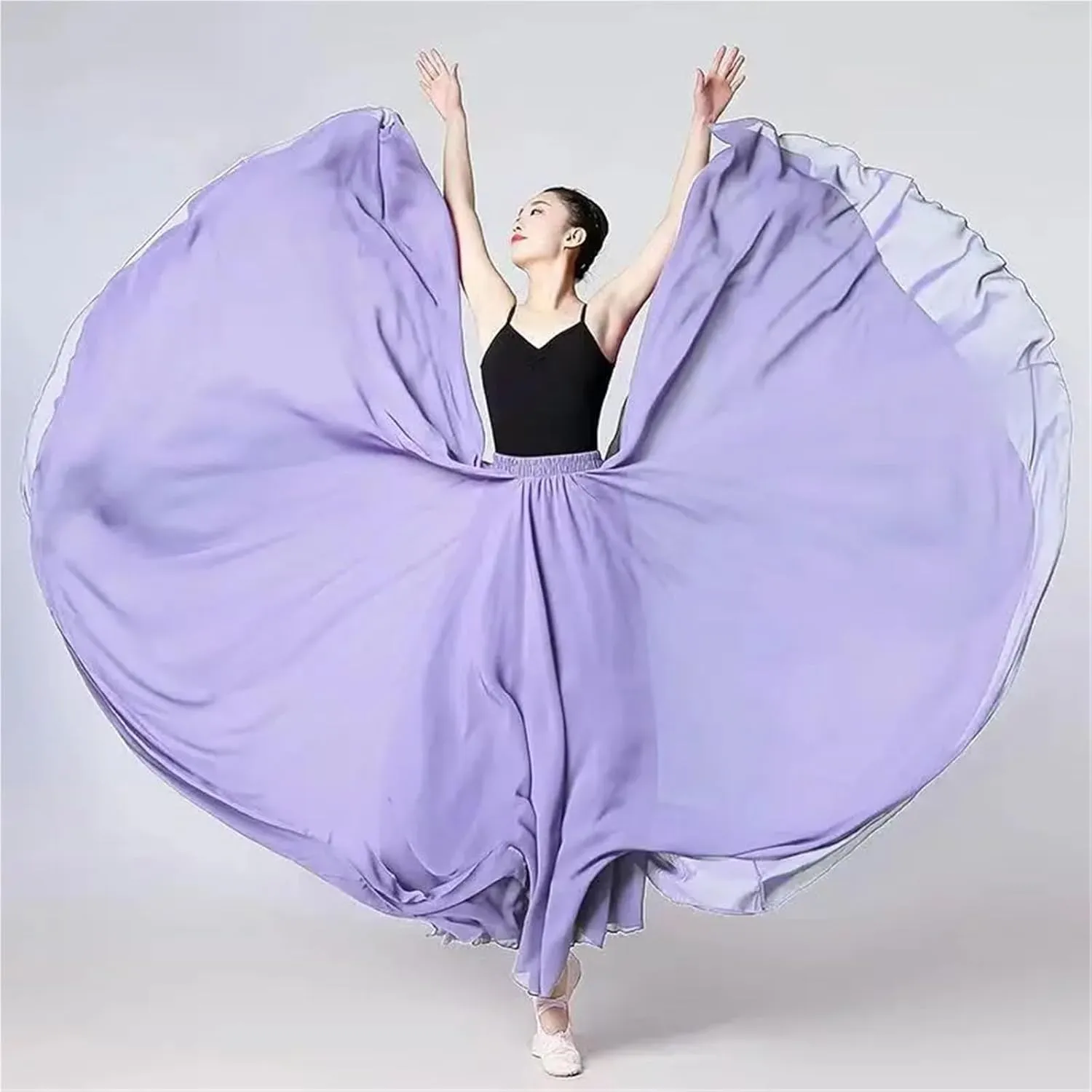 720 Degree Chiffon Skirt Ballet Belly Dance Women Double-Layer Long Skirts Dancer Practice Wear Performance(Color-T,S Length 85cm)