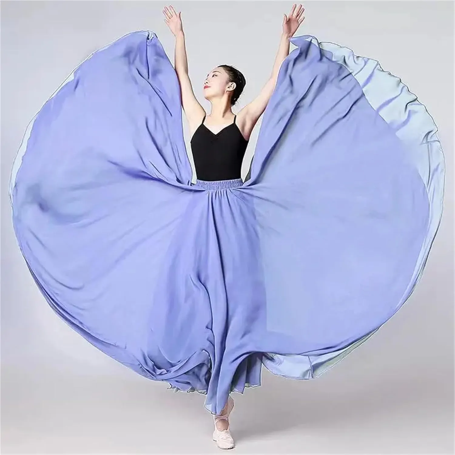 720 Degree Chiffon Skirt Ballet Belly Dance Women Double-Layer Long Skirts Dancer Practice Wear Performance(Color-T,S Length 85cm)