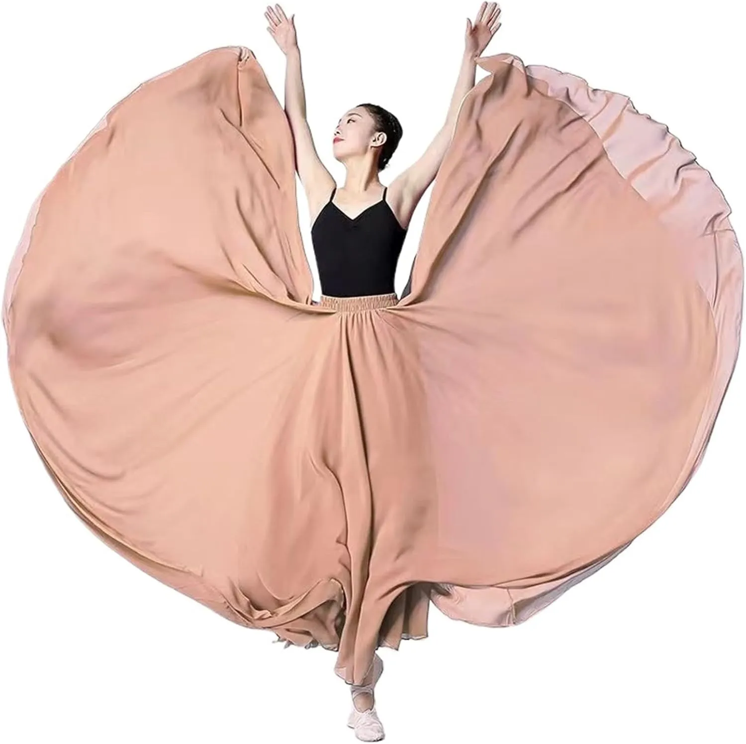 720 Degree Chiffon Skirt Ballet Belly Dance Women Double-Layer Long Skirts Dancer Practice Wear Performance(Color-T,S Length 85cm)