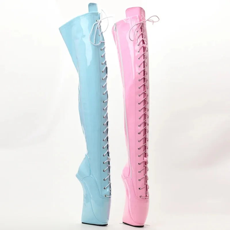 7" Super High Hoof Heel Ballet Boots Over-the-Knee Cross-tied Zip Thigh Hi Boots