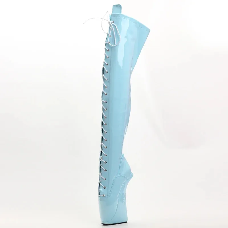 7" Super High Hoof Heel Ballet Boots Over-the-Knee Cross-tied Zip Thigh Hi Boots