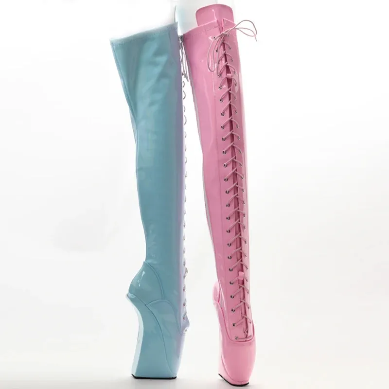7" Super High Hoof Heel Ballet Boots Over-the-Knee Cross-tied Zip Thigh Hi Boots