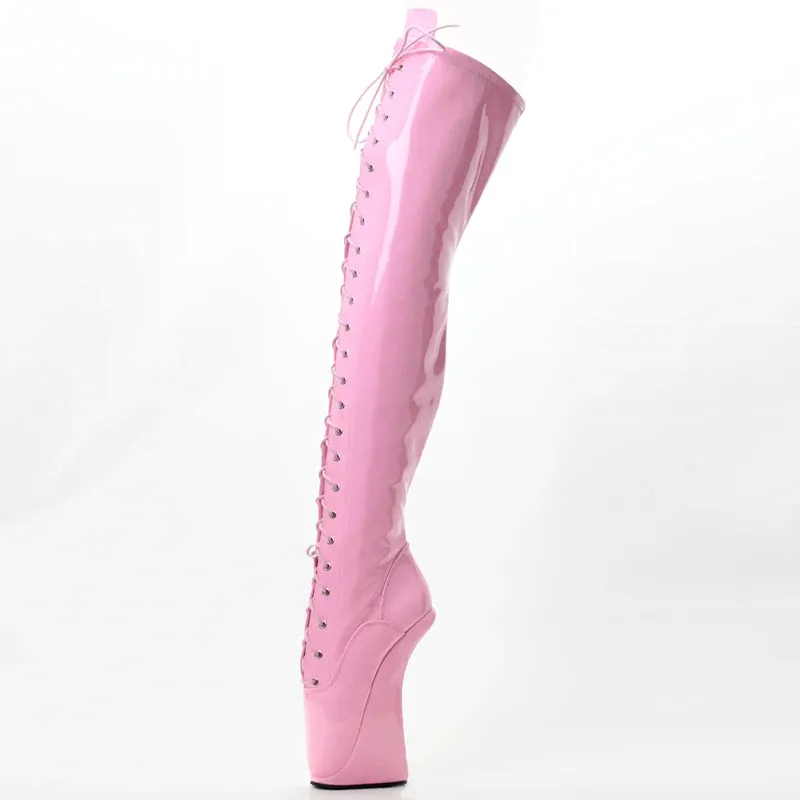 7" Super High Hoof Heel Ballet Boots Over-the-Knee Cross-tied Zip Thigh Hi Boots