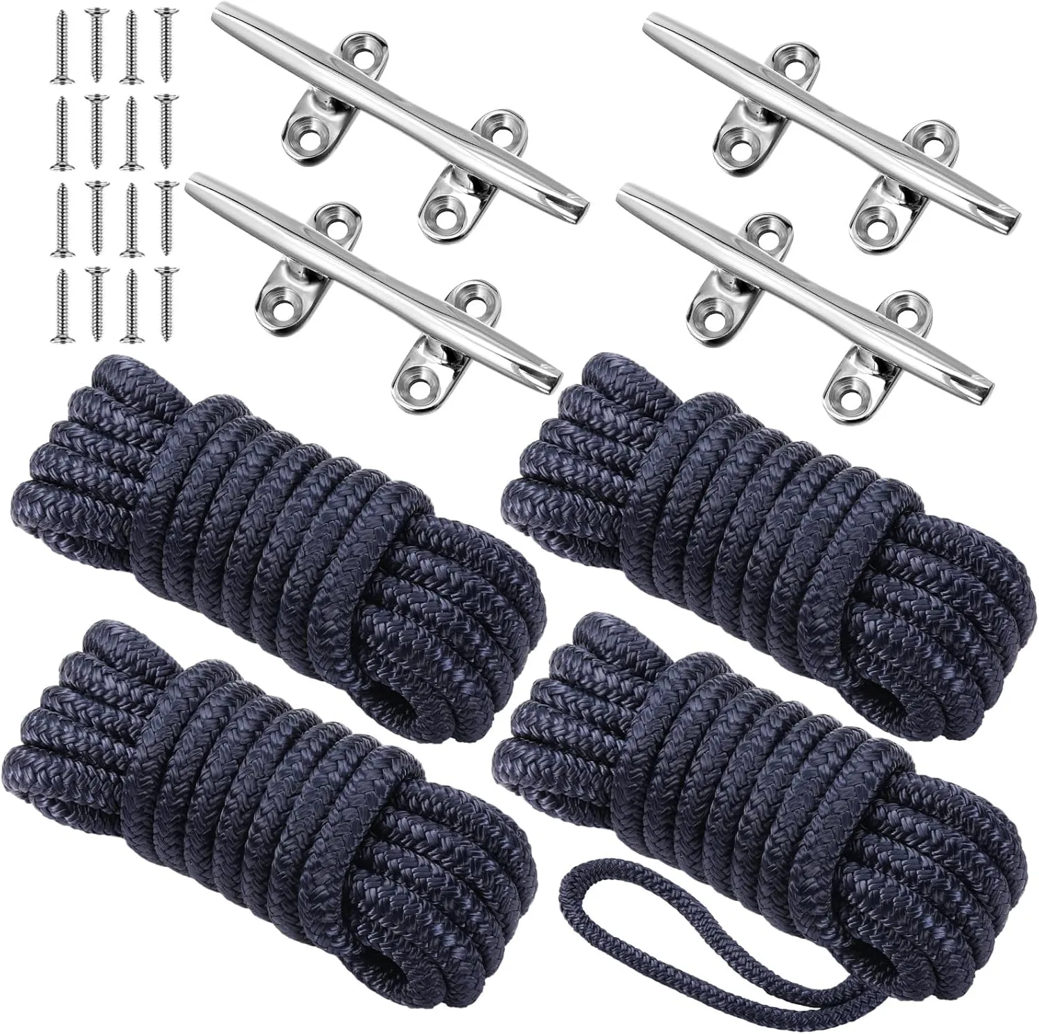 8 Pack Boat Dock Ropes and Cleats Accessories, 4 Pcs 316 Stainless Steel Boat Cleat Open Base 4 Inch, 4 Pcs 1/3 Inch x 15ft Ship Lines Double Braided Dock Ropes with Screws