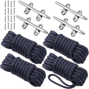 8 Pack Boat Dock Ropes and Cleats Accessories, 4 Pcs 316 Stainless Steel Boat Cleat Open Base 4 Inch, 4 Pcs 1/3 Inch x 15ft Ship Lines Double Braided Dock Ropes with Screws
