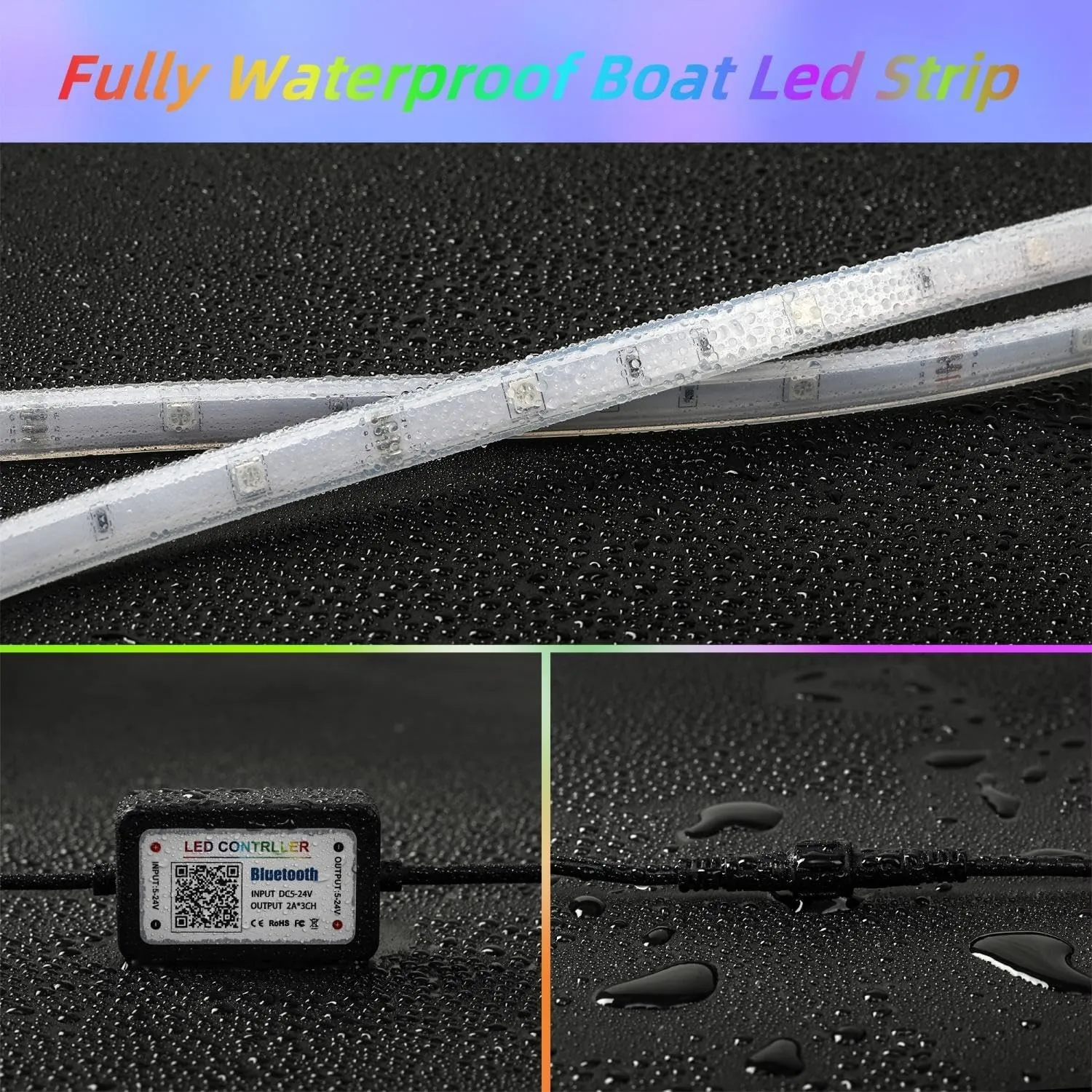 80ft Marine LED Strip Lights, IP67 Waterproof APP Remote Control RGB Boat Interior Deck Lights with Extension Cable for Pontoon, Fishing, Yacht