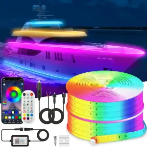 80ft Marine LED Strip Lights, IP67 Waterproof APP Remote Control RGB Boat Interior Deck Lights with Extension Cable for Pontoon, Fishing, Yacht