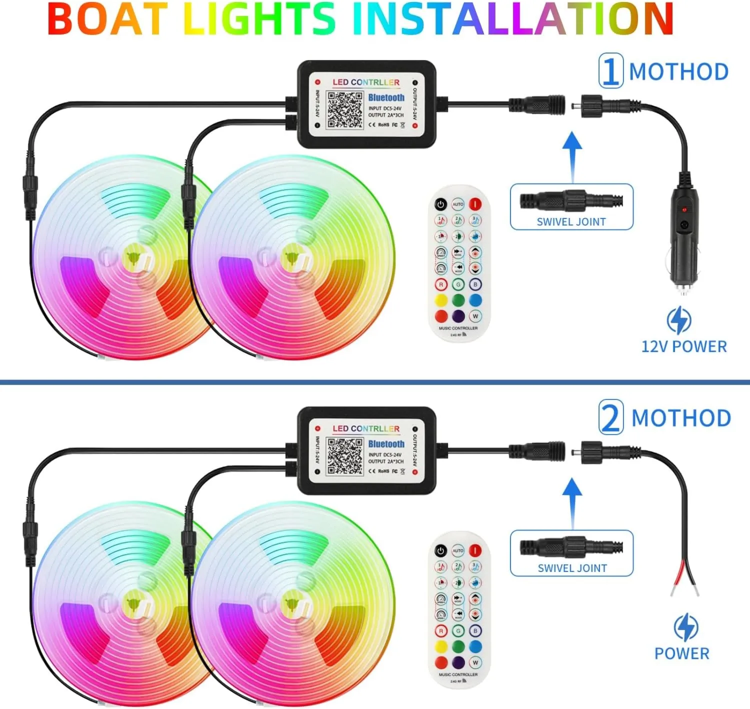 80ft Marine LED Strip Lights, IP67 Waterproof APP Remote Control RGB Boat Interior Deck Lights with Extension Cable for Pontoon, Fishing, Yacht