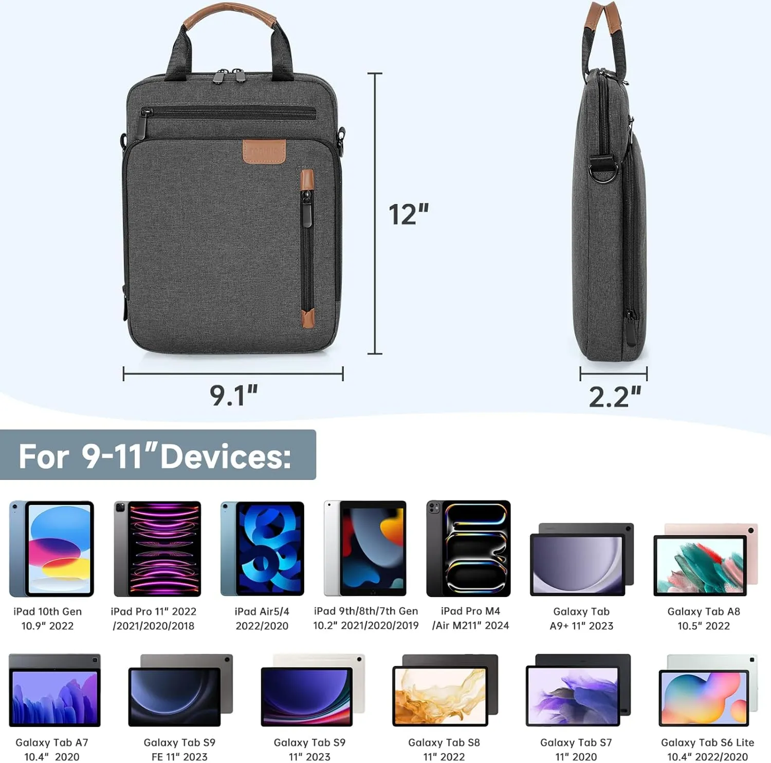 9-11 Inch Tablet Sleeve Bag, Padded Protective Travel Case for iPad Pro, iPad Air, Samsung Galaxy Tab, Grey