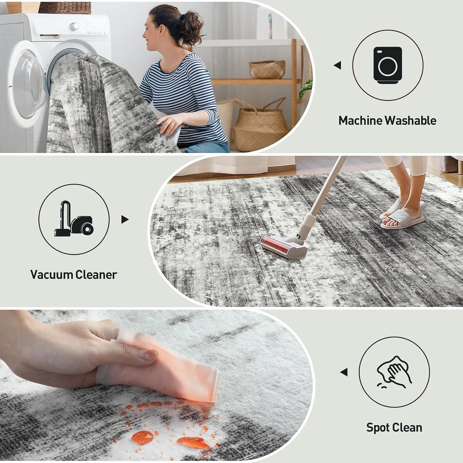 9x12 Area Rugs Washable Rug: Modern Abstract Living Room Rug Soft Anti-Skid Thin Carpet Indoor Floor Non-Shedding Carpets for Bedroom Dining Room Farmhouse Nursery Home Office Black Grey
