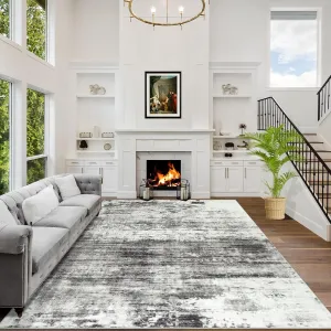 9x12 Area Rugs Washable Rug: Modern Abstract Living Room Rug Soft Anti-Skid Thin Carpet Indoor Floor Non-Shedding Carpets for Bedroom Dining Room Farmhouse Nursery Home Office Black Grey