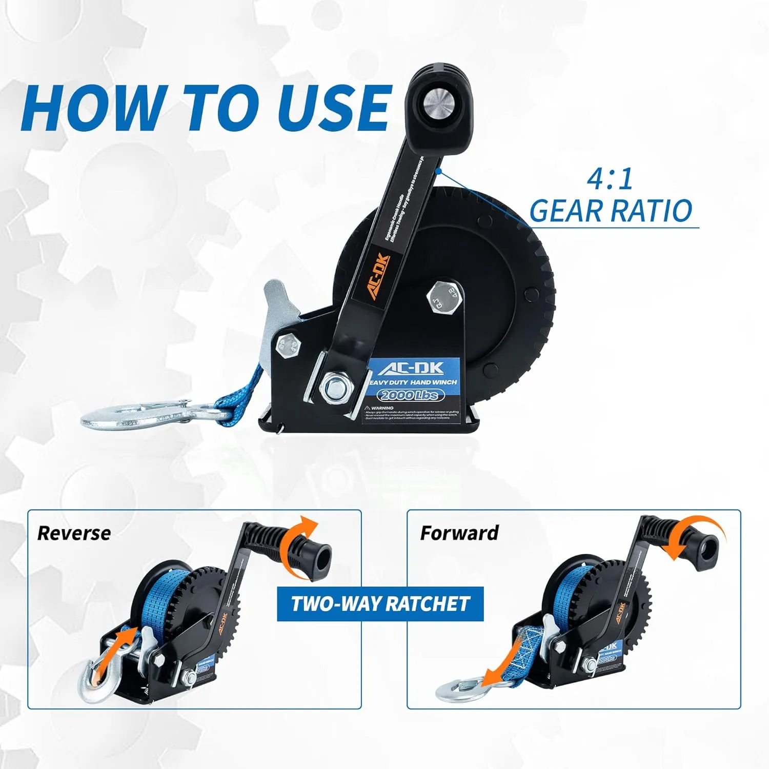 AC-DK 2000lbs Heavy Duty Boat Trailer Winch with 26FT Strap, 2-Way Ratchet & 4:1 Gear Trailer Winch, Portable Hand Crank Winch for Boat, Truck, Trailer, RV, ATV, Jet Ski