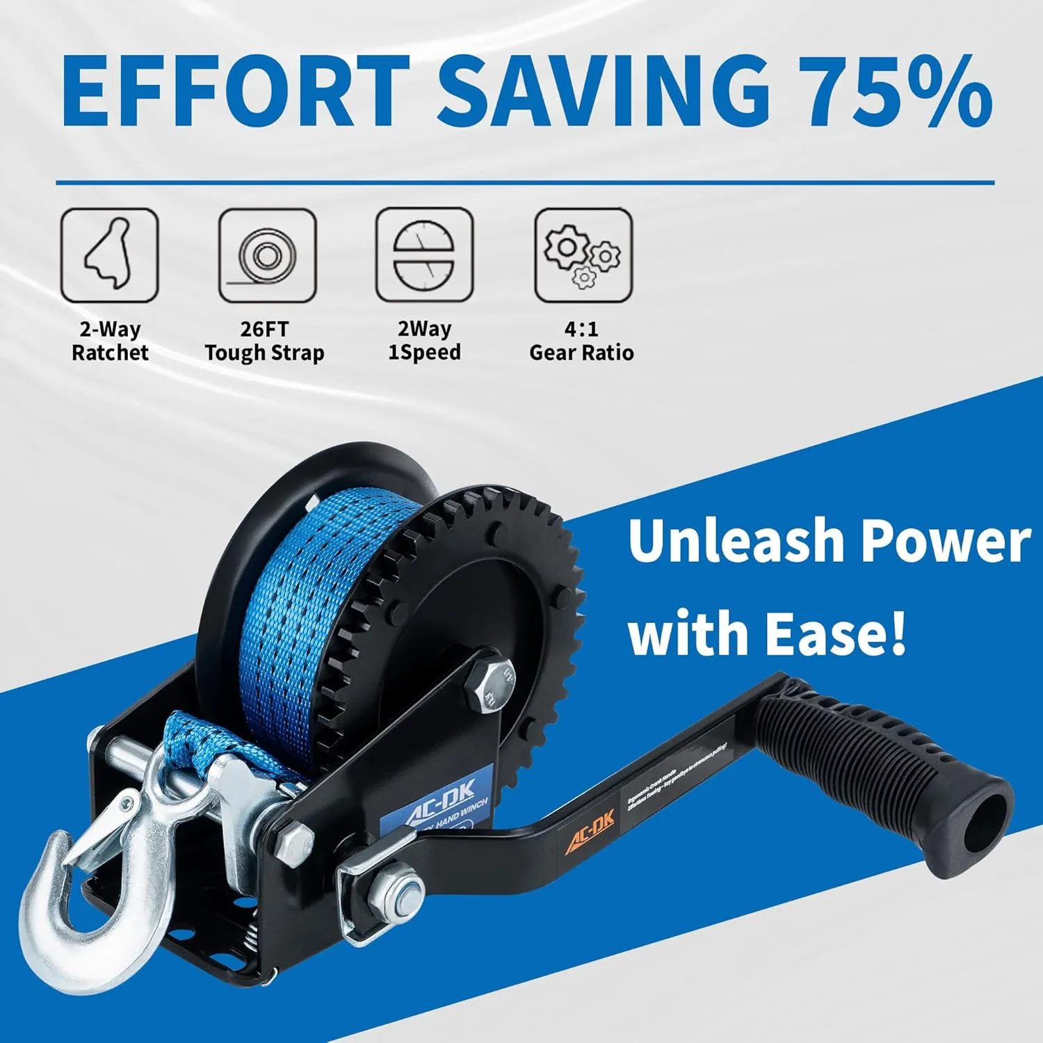 AC-DK 2000lbs Heavy Duty Boat Trailer Winch with 26FT Strap, 2-Way Ratchet & 4:1 Gear Trailer Winch, Portable Hand Crank Winch for Boat, Truck, Trailer, RV, ATV, Jet Ski