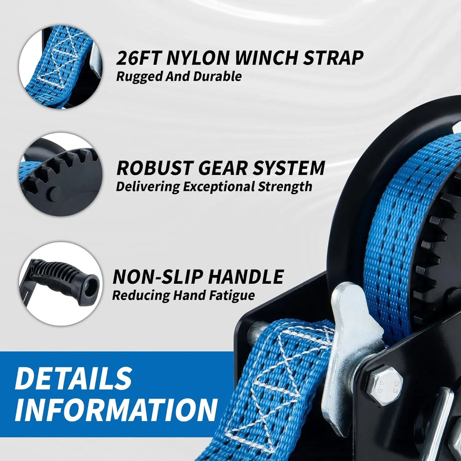 AC-DK 2000lbs Heavy Duty Boat Trailer Winch with 26FT Strap, 2-Way Ratchet & 4:1 Gear Trailer Winch, Portable Hand Crank Winch for Boat, Truck, Trailer, RV, ATV, Jet Ski