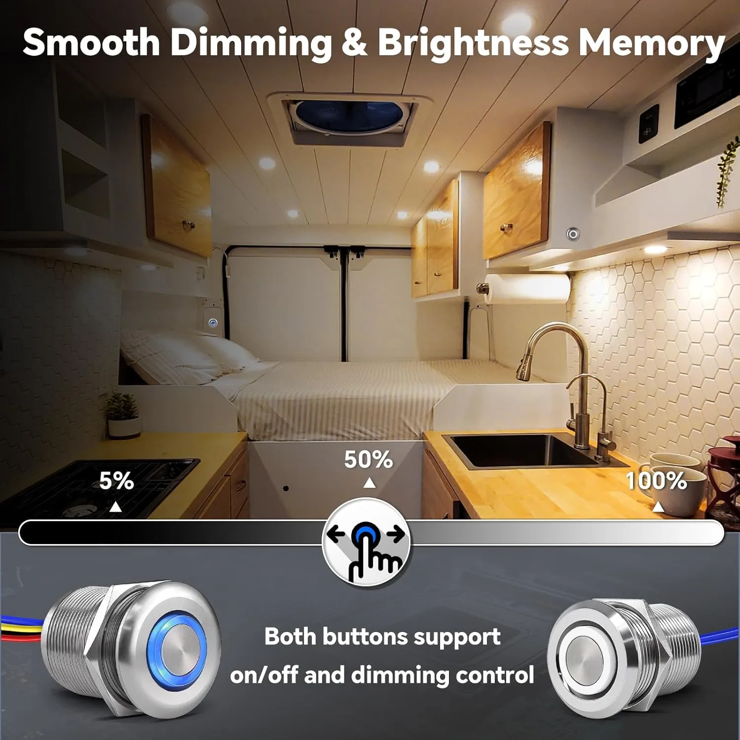Acegoo RV 3 Way Dimmer Kit DC12V All-Aluminum 3-Way Dimming Switch for Boat Motorhome Camper Van Trailer Truck Car LED Strip Light, Multi Location On/Off/Dimming Switch, DC12-24V 6Amps (Sliver)