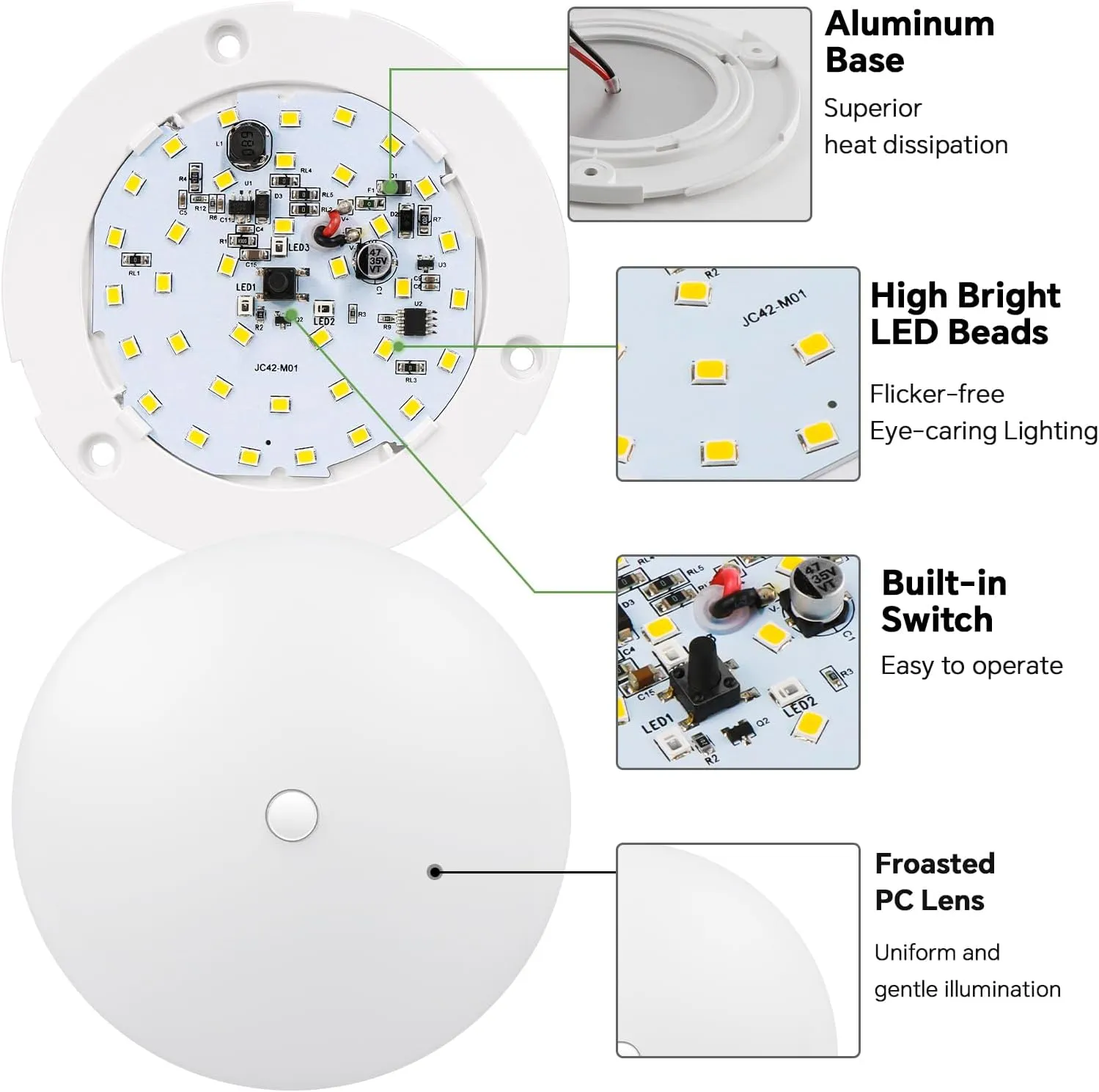 acegoo RV Ceiling Dome Light 4.5 Inch 12V Overhead LED Puck Light for Motorhome Boat Camper Trailer Truck Car, Surface Mount CRI90  4-Pack (4000K with Blue Nightlight)