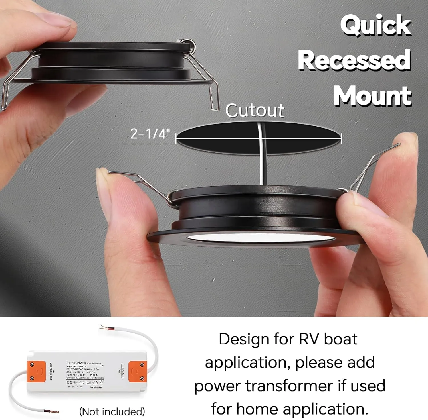 acegoo RV Recessed Ceiling Light 2-3/4” 12V Dimmable LED Puck Light for Campervan Truck Caravan Boat Roof Under Cabinet Lighting, Flush Mount Cutout 2-1/4" (Black,Cool White) 4 Pack