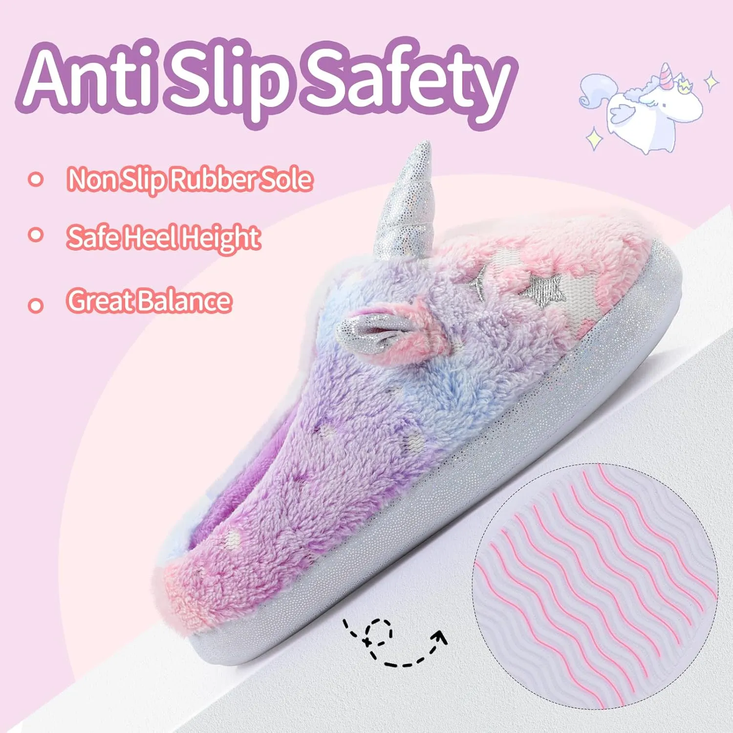 ACTLATI Kids Girls Rainbow Fuzzy Slippers Unicorn Star Glow in the Dark Plush Fleece Warm Indoor House Slippers with Anti Slip Soles