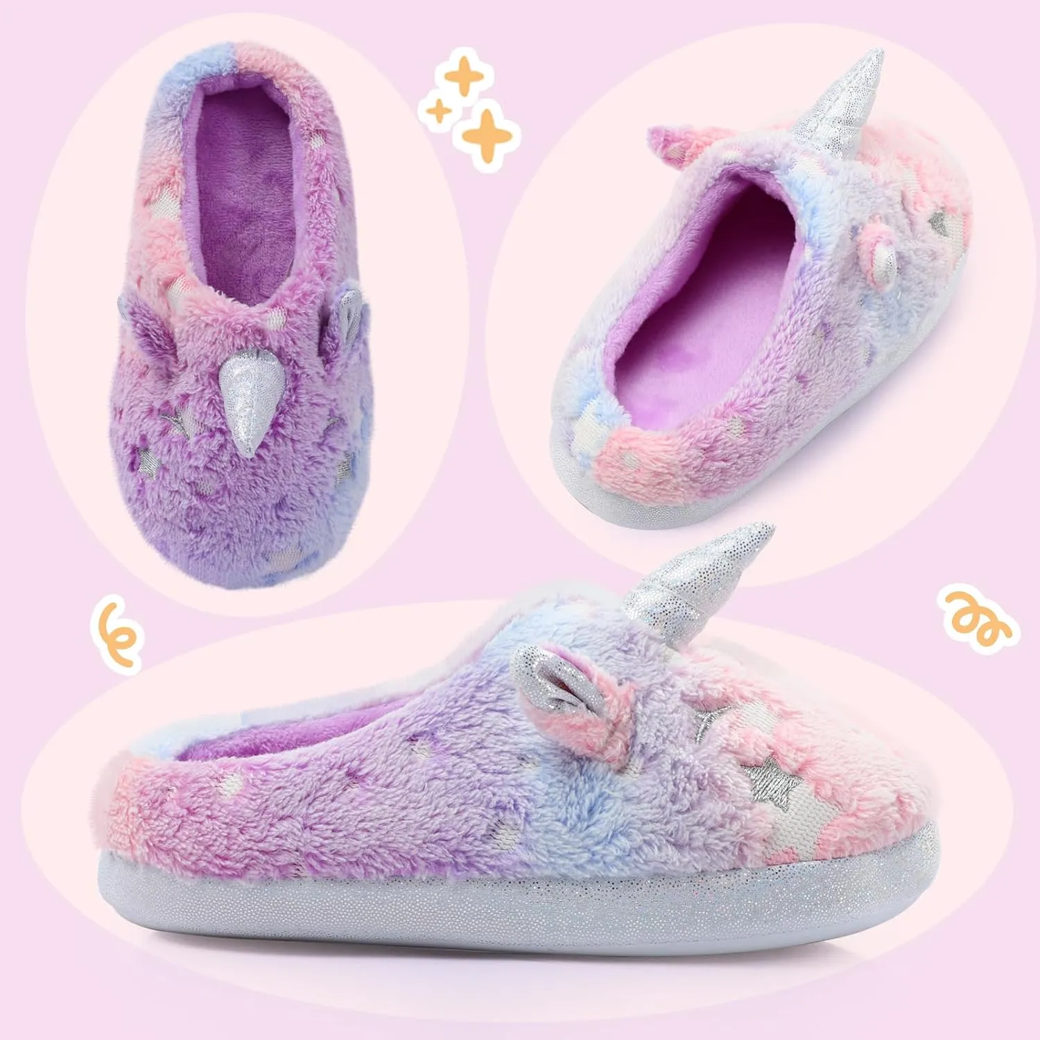ACTLATI Kids Girls Rainbow Fuzzy Slippers Unicorn Star Glow in the Dark Plush Fleece Warm Indoor House Slippers with Anti Slip Soles
