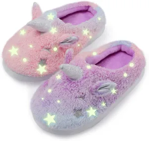 ACTLATI Kids Girls Rainbow Fuzzy Slippers Unicorn Star Glow in the Dark Plush Fleece Warm Indoor House Slippers with Anti Slip Soles