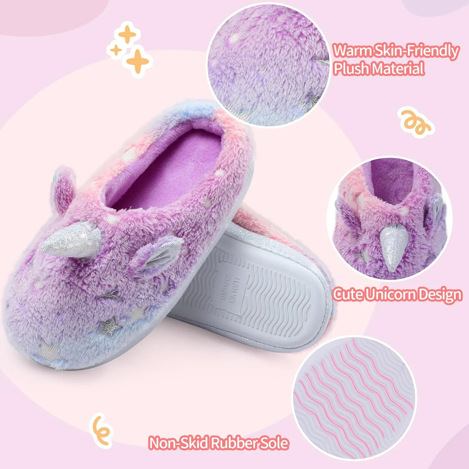ACTLATI Kids Girls Rainbow Fuzzy Slippers Unicorn Star Glow in the Dark Plush Fleece Warm Indoor House Slippers with Anti Slip Soles