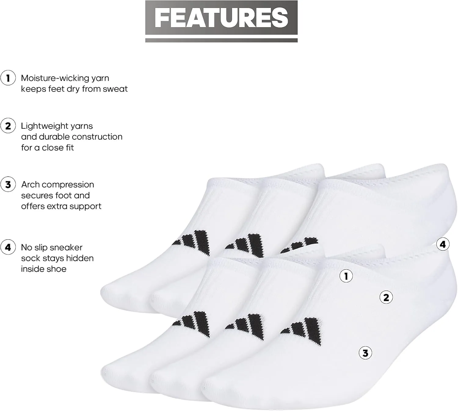 adidas Men's Superlite 3.0 Super No Show Socks (6-Pair) Ultra Low-Profile, Arch Compression for Secure Fit