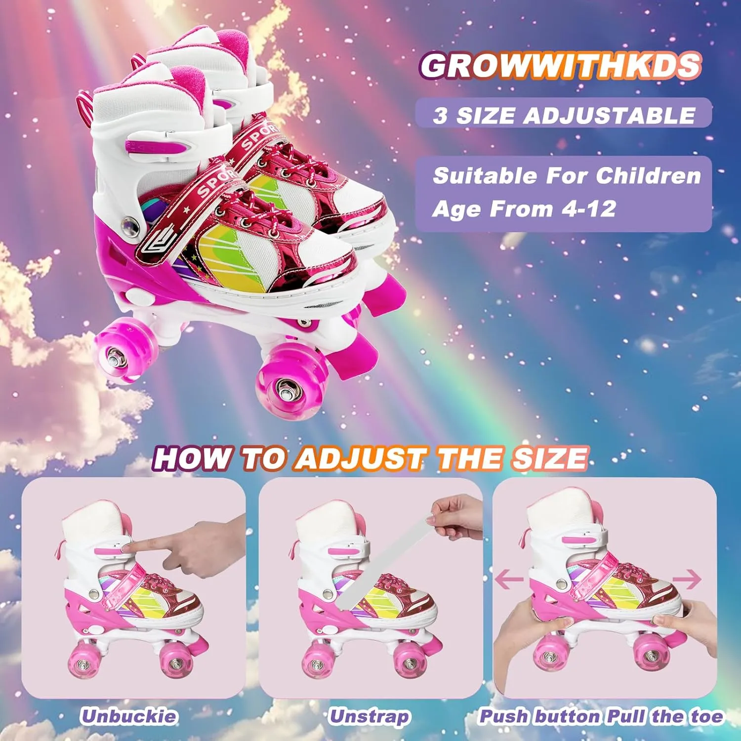 Adjustable Kids Roller Skates for Girls and Boys Ages 3-5 5-8 8-12, All 8 Wheels of Girl's Skates Shine, Safe and Fun Illuminating for Outdoor Indoor Sports