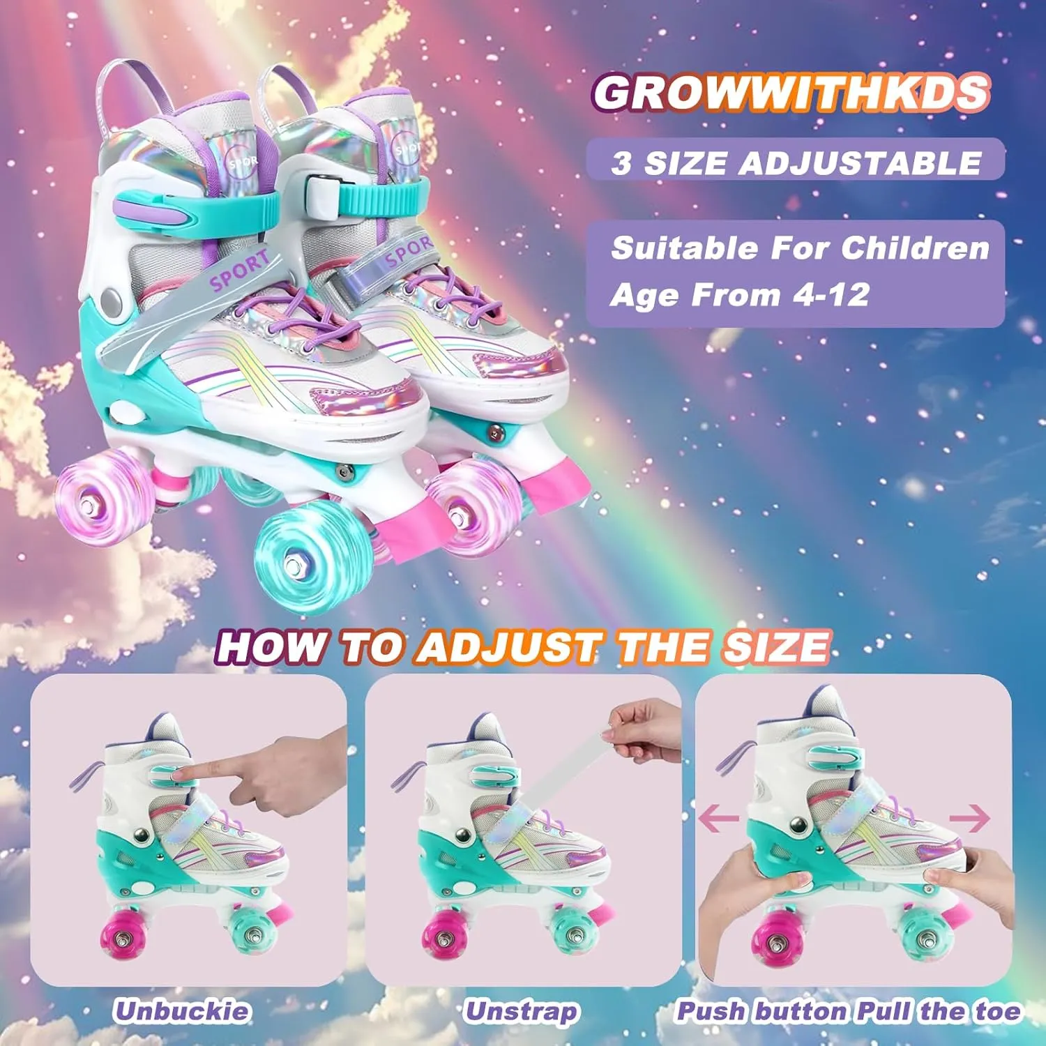 Adjustable Kids Roller Skates for Girls and Boys Ages 3-5 5-8 8-12, All 8 Wheels of Girl's Skates Shine, Safe and Fun Illuminating for Outdoor Indoor Sports