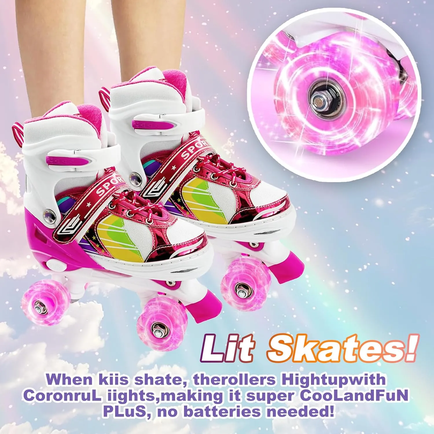 Adjustable Kids Roller Skates for Girls and Boys Ages 3-5 5-8 8-12, All 8 Wheels of Girl's Skates Shine, Safe and Fun Illuminating for Outdoor Indoor Sports