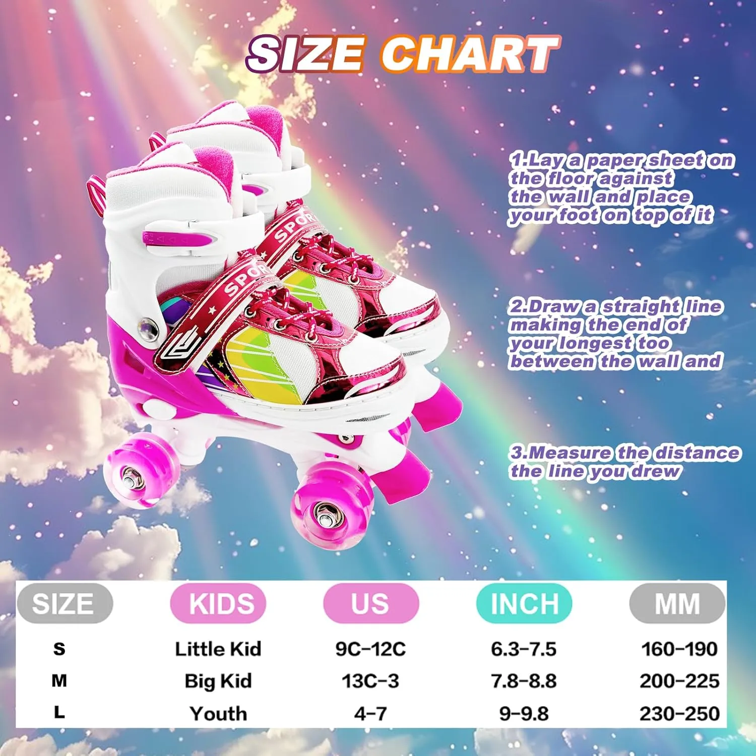 Adjustable Kids Roller Skates for Girls and Boys Ages 3-5 5-8 8-12, All 8 Wheels of Girl's Skates Shine, Safe and Fun Illuminating for Outdoor Indoor Sports