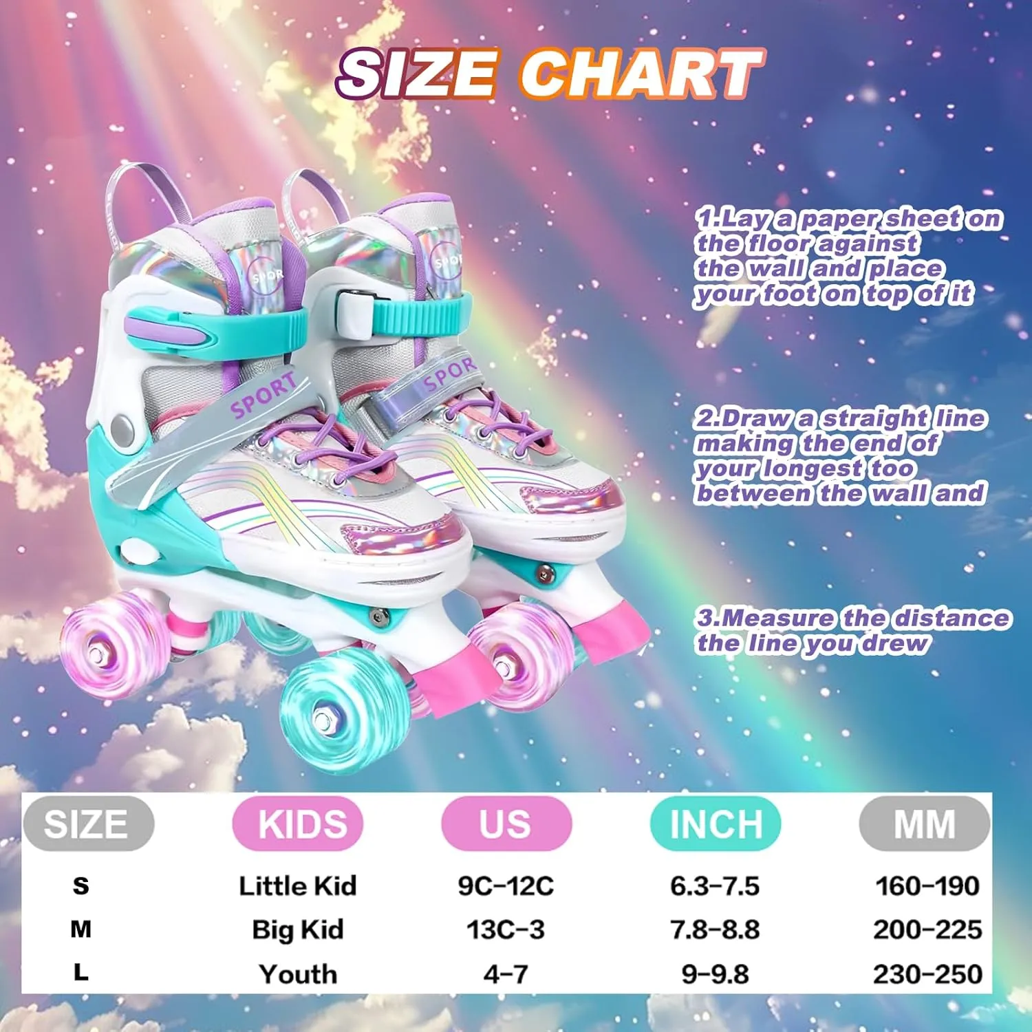 Adjustable Kids Roller Skates for Girls and Boys Ages 3-5 5-8 8-12, All 8 Wheels of Girl's Skates Shine, Safe and Fun Illuminating for Outdoor Indoor Sports