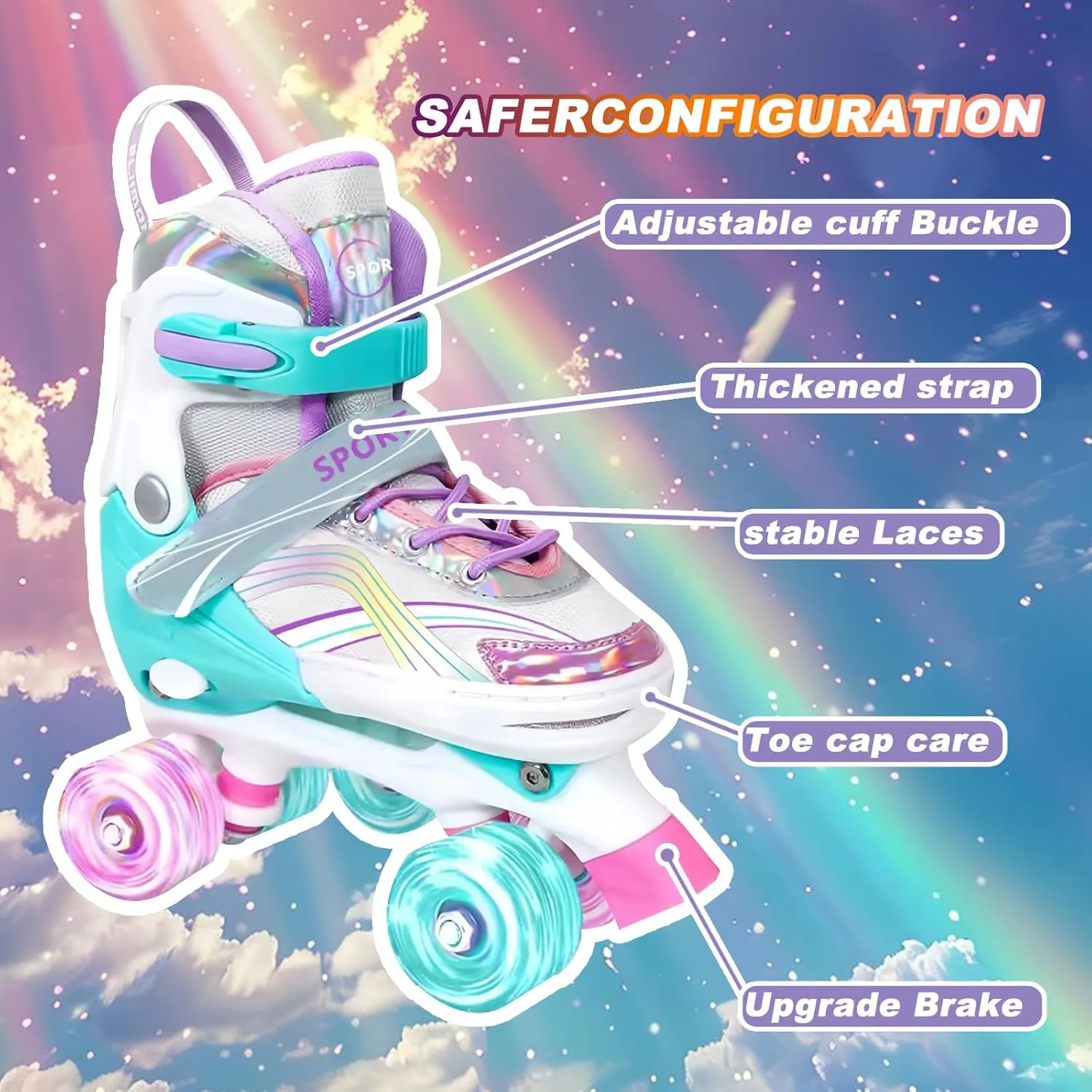 Adjustable Kids Roller Skates for Girls and Boys Ages 3-5 5-8 8-12, All 8 Wheels of Girl's Skates Shine, Safe and Fun Illuminating for Outdoor Indoor Sports