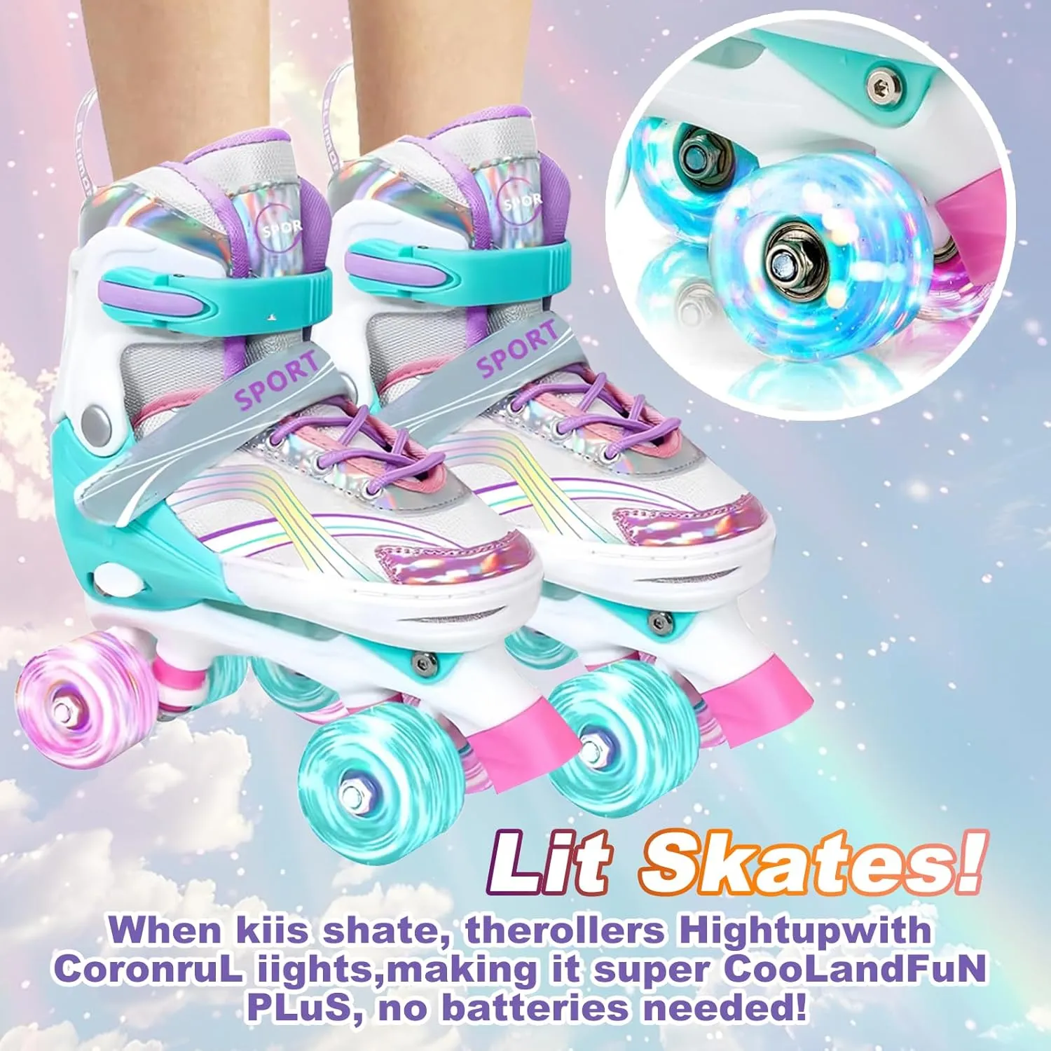 Adjustable Kids Roller Skates for Girls and Boys Ages 3-5 5-8 8-12, All 8 Wheels of Girl's Skates Shine, Safe and Fun Illuminating for Outdoor Indoor Sports