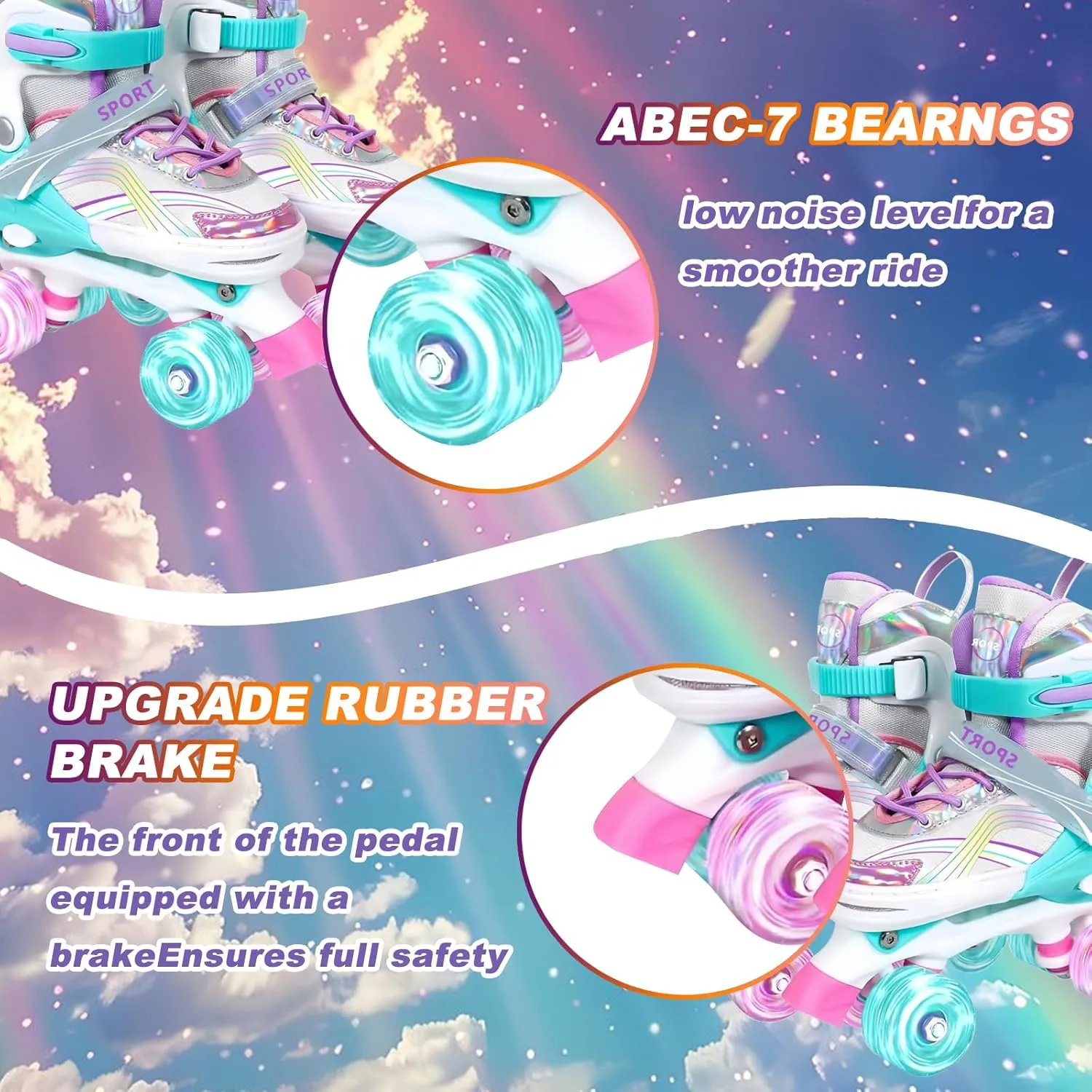Adjustable Kids Roller Skates for Girls and Boys Ages 3-5 5-8 8-12, All 8 Wheels of Girl's Skates Shine, Safe and Fun Illuminating for Outdoor Indoor Sports