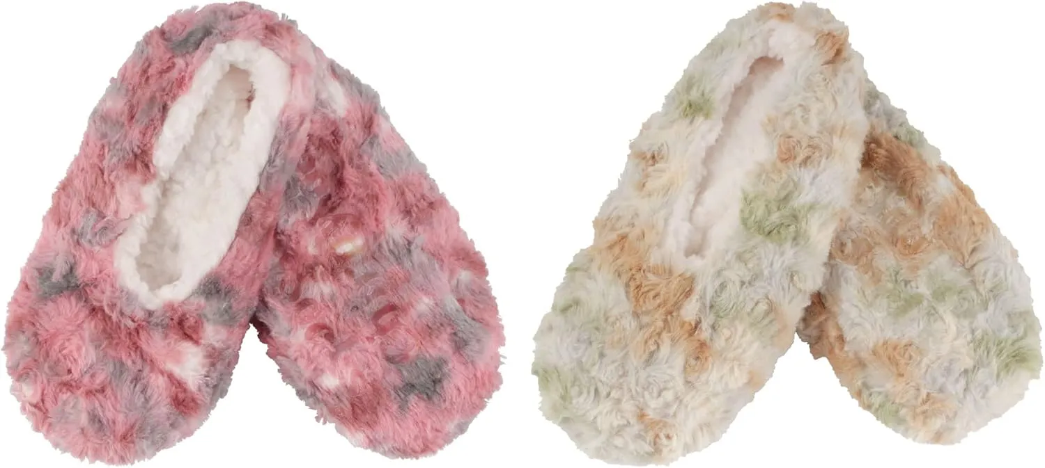 Adult Super Soft Warm Cozy Fuzzy Tie Dye Slippers Non-Slip Lined Socks, Indoor Travel Home Slippers, 2 Pairs