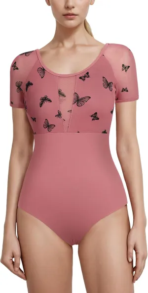 AFAVOM Women Ballet Dance Leotard Gymnastics Butterfly Leotard Short Sleeve Ballerina Bodysuit Dancewear Performance Leotards