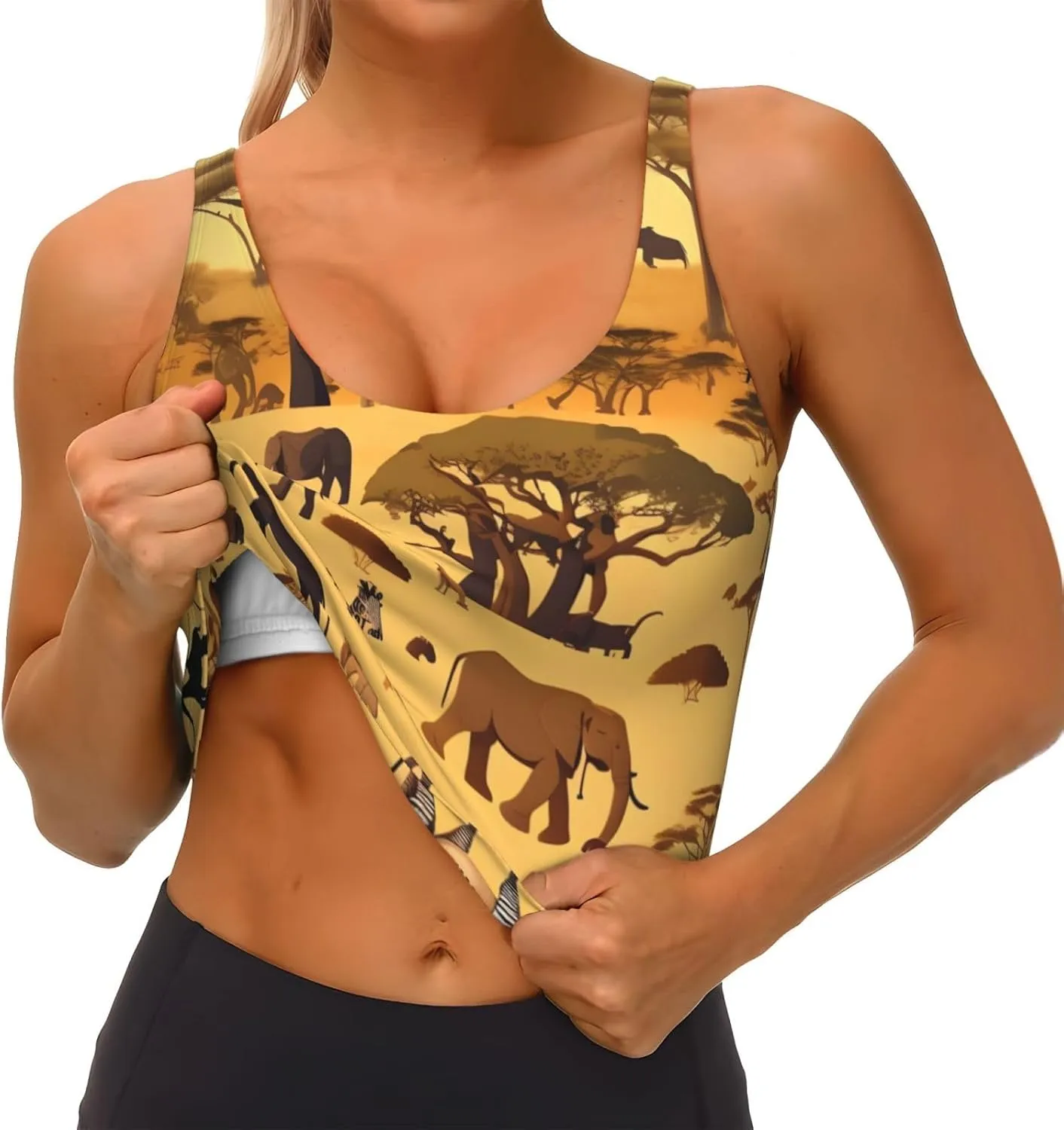 African Grassland Animals Printed Women's Fitness Yoga wear with Detachable Bra, Suitable for Dance Pilates Aerobic Running